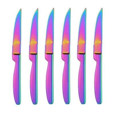 Image of BISDARUN Steak Knives Set of 6 Stainless Steel Serrated Rainbow Coloured Knife Iridescent Cutlery for Cutting Meat 22cm(8.65 inch) Length