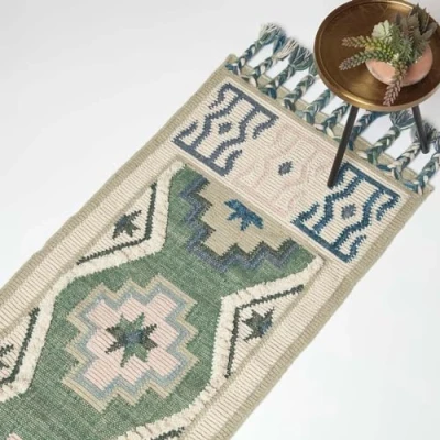Image of HOMESCAPES Green &amp; Blue Handwoven Kilim Rug Carpet Runner for Hallway 66 x 200 cm Traditional Geometric Tribal Pattern ‘Matala’ Wool Cotton with Tassels