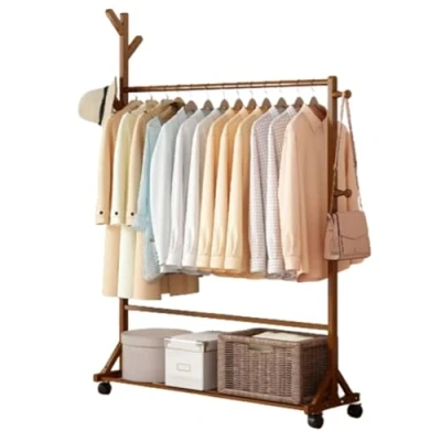 Image of DODOBD Clothes Rack for Bedroom,Coat with Wheels,Free Standing Garment Hanging Rails,3 in 1 Wooden Coat Stand,Bamboo Rails Bedroom,Garment Entryway,Bedroom