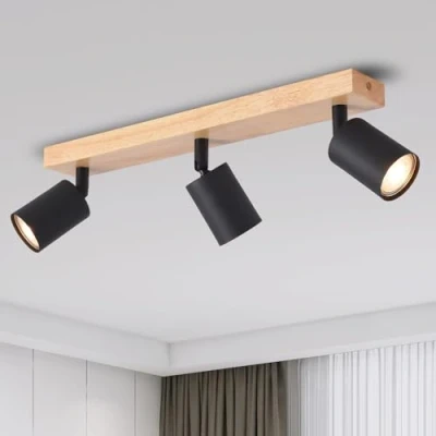 Image of ANWIO Wood Black Ceiling Light Fitting,3 Way Spot Ceiling,Bedroom Lights with GU10 Bases,Adjustable Light,Kitchen Ceiling,Living Room (Bulbs Not Included)