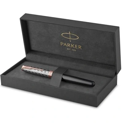 Image of PARKER Sonnet Fountain Pen, Premium Metal and Grey Satin Finish with Rose Gold Trim, Fine 18k Nib Black Ink Cartridge, Gift Box