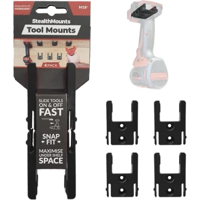 Image of StealthMounts Tool Mounts for Milwaukee M18 Cordless Holders 18v Power Tools 4 Pack Black Organisers