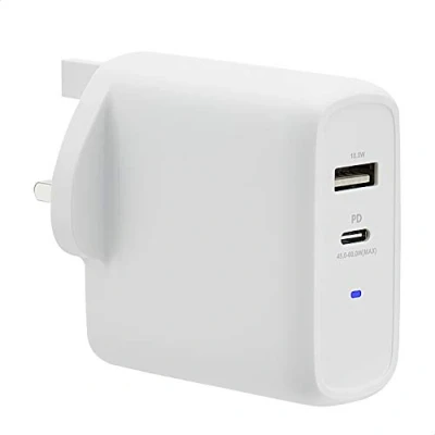 Image of Amazon Basics 63W Two Port GaN Wall Charger with 1 USB C (45W) and A (18W) for Laptops, Tablets Phones Power Delivery White (non PPS)