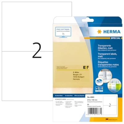 Image of HERMA Self Adhesive Clear Film Labels, 2 Labels per A4 Sheet, 25 Sheets, 210 x 148 mm, 50 Blank Weatherproof Stickers, Sticky for Laser &amp; Inkjet Printer, Transparent