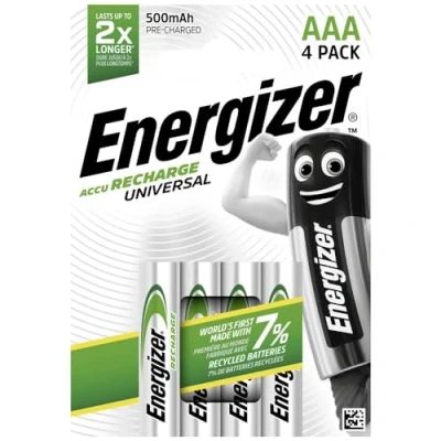 Image of Energizer E301375700 Pre Charged NiMH Battery Rechargeable Universal AAA 1.2 V 500 MAH, Pack of 4 Silver