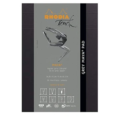 Image of RHODIA TOUCH 116107C Block Gray Maya Pad A5 New Ruler Cross&#039;N&#039;Dot 50 Sheets Clairefontaine Paper 120 g/m for Calligraphy and Precise Drawing with Pencil, Liner, Pen
