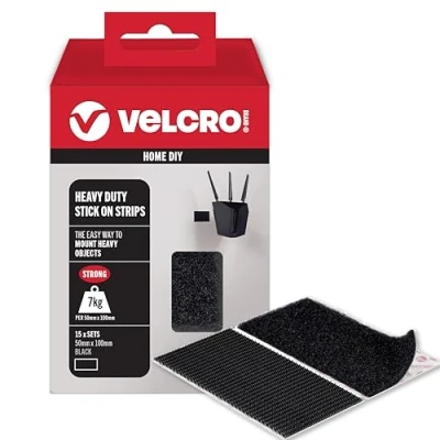 Image of VELCRO Brand Heavy Duty Stick On Strips Industrial Strength Double Sided Hook &amp; Loop Self Adhesive Perfect for Room Décor Home, Office, Garage Use Black 50mm x 100mm Set of 15