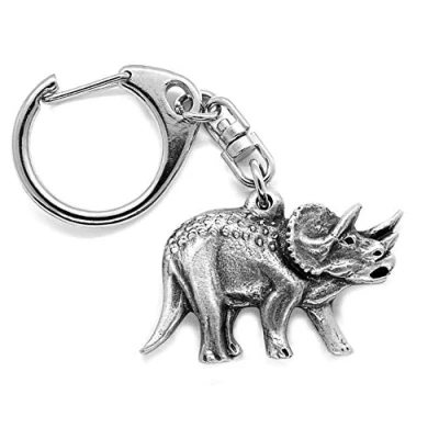 Image of Triceratops Dinosaur Push Gate Keyring with a Grey Burlap Pouch