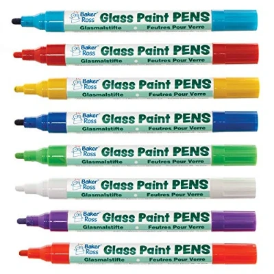Image of Baker Ross AX935 Rainbow Coloured Glass Paint Pens Pack of 8, Arts and Crafts Supplies, Acrylic Markers for Kids, Children,