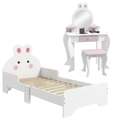 Image of ZONEKIZ Kids Bedroom Furniture Set with Dressing Table Mirror and Stool, Toddler Bed Frame for 3 6 Years, Bunny Design Toddlers White Pink