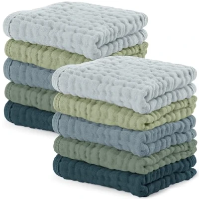 Image of Comfy Cubs Muslin Cloths for Baby Pack of 10 Soft 6 Layer Cotton Delicate Skin 25 x cm Large Size Absorbent, Durable, Gentle Wash Cloth Newborns and Toddlers Multi Boy