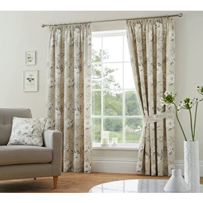 Image of Dreams &amp; Drapes Natural Floral Curtains W66 x L72 (168 183cm) 2x Panels 100% Cotton Tie Backs White Flowers Pencil Pleat for Bedroom/Living Room Vintage