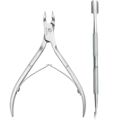 Image of Professional Stainless Steel Cuticle Pusher &amp; Nippers Duo for Manicure and Pedicure Nail Cleaner Gel Polish Remover Tool Set