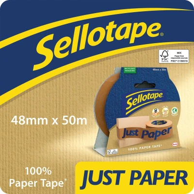 Image of Sellotape Paper Tape Plastic Free Tape, Tearable for Easy Use, 100% Paper* Parcel Gift Wrapping and Crafts, Brown, 48mm x 50m