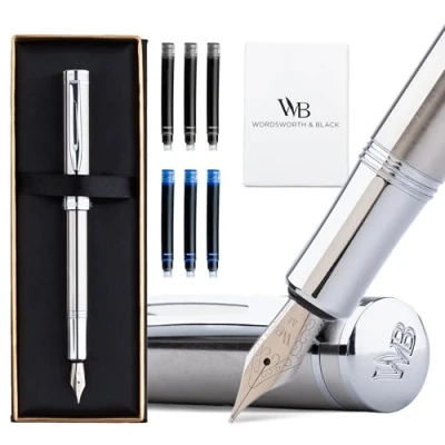 Image of Wordsworth and Black Fountain Pen Mini EDC: Luxury Silver Heavy Pocket Pen, Chrome Finish, Medium Nib, 6 Ink Cartridges, Converter, Travel Refillable Writing Gift Set, Men &amp; Women