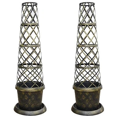 Image of Flower tower Pot Kit Large Patio with saucer matching lattice style frame black &amp; gold effect Ideal for climbers, vines or vegetables, durable garden plastic 2 x 39cm by T&amp;M