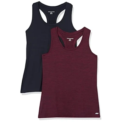Image of Amazon Essentials Women&#039;s Tech Stretch Racerback Tank Top (Available in Plus Size), Pack of 2, Black/Burgundy Space Dye, S