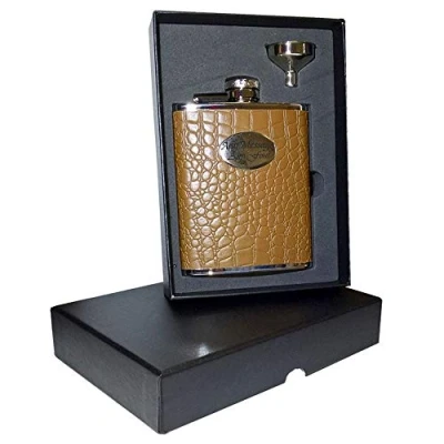 Image of Personalised Engraved 6oz Brown Faux Crocodile Hip Flask with Funnel, Gift Boxed, Perfect for Any Special Occasion