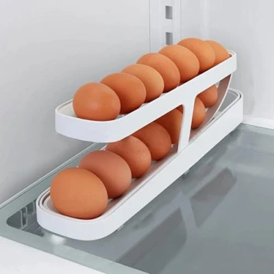 Image of RXKFIGX Auto Rolling Egg Dispenser for Refrigerator Holder Storage Holds 12 14 Eggs 2 Tier Rack Tray Fridge Kitchen Countertop Organizer (White)