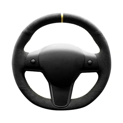 Image of Alfanxi Hand Stitch Sewing Italy Alcantara Car Steering Wheel Cover Wrap for Tesla Model 3/Tesla Y (Black with Dots+Yellow Stripe)