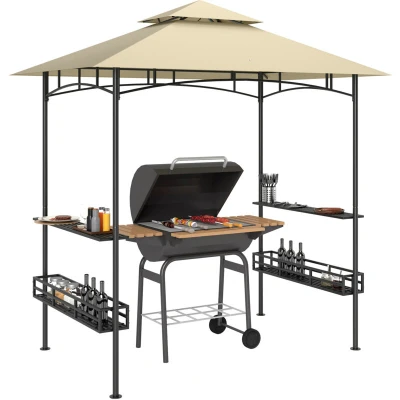 Image of Outsunny 8&#039; x 5&#039; Grill Gazebo Canopy with 2 Side Shelves Hook Beige 84C 561V00BG
