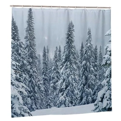 Image of JOOCAR White Forest Shower Curtain Winter Snow Pine Curtains Watercolor Bathroom Decor Polyester Fabric Waterproof Set with 12 Hooks, 165x180cm