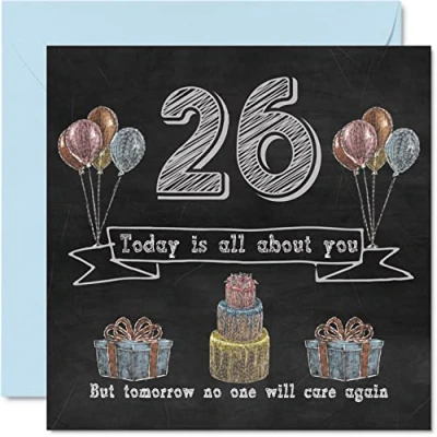 Image of Funny 26th Birthday Cards for Men Woman Chalk Blackboard Happy Card Nephew Daughter Son Sister Brother Auntie Niece Uncle Cousin, 145mm x Humour Banter Greeting