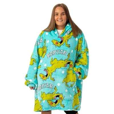 Image of Rugrats Womens Wearable Blanket Ladies Reptar Dinosaur All Over Print Fleece Hoodie in Blue Cosy 90s Nostalgic Cartoon Snuggle Hooded Pullover Classic Loungewear Gift for Her