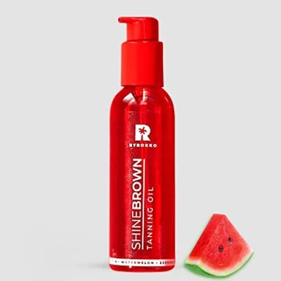 Image of BYROKKO Original Shine Watermelon Tanning Oil 145 ml Moisturizing Dark Tan Accelerator with 100% Natural Carrot Oil, Walnut Hazelnut Almond &amp; Vitamin E, Red