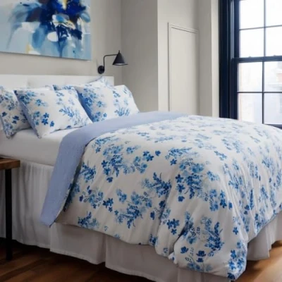 Image of LERUUM Duvet Cover Bedding Set%100 Cotton Sevilla Pattern Quilt Set (Blue, 155 x 220 cm + 80 cm)