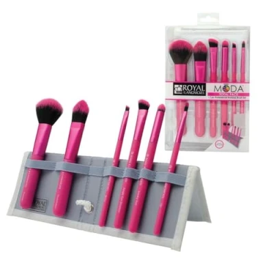Image of MODA Royal &amp; Langnickel Travel Size Total Face Makeup Brush Set with Pouch, Includes Powder, Foundation, Angle Shader, Smoky Eye, Brow Liner and Pointed Lip Brushes, Pink