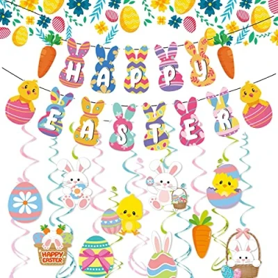 Image of Jwssor Easter Bunting Banner,41pcs Hanging Swirls,Easter Egg Bunny Party Decoration,Easter for Decoration