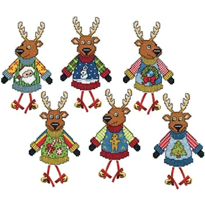 Image of Tobin Design Works Cross Stitch Kit Christmas Tree Ornaments Reindeer Jumpers