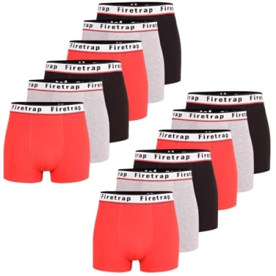 Image of Firetrap Mens 12 Pack Designer Boxer Shorts, Underwear Gift Set Trunks Comfortable Stretch Cotton Plain Colours Briefs Red, Black, Grey XL