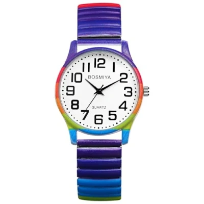 Image of JewelryWe Elastic Watches for Women: Easy Read Analog Quartz Stretch Band Watch Cute Printing Expansion Wristwatch