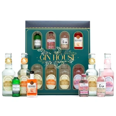 Image of Gin Gift Set Flavoured 4x5cl Gordons Pink Gin, Edinburgh Rhubarb and Ginger, Tanqueray Dockyard Orange 4x125ml Fentimans Tonic Cocktail Mixers Gifts for Women, Men, Christmas