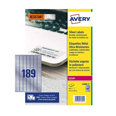 Image of Avery L6008 5 Resistant Labels, Silver (A4 Sheet of 25 x 10 mm, 945 Labels)
