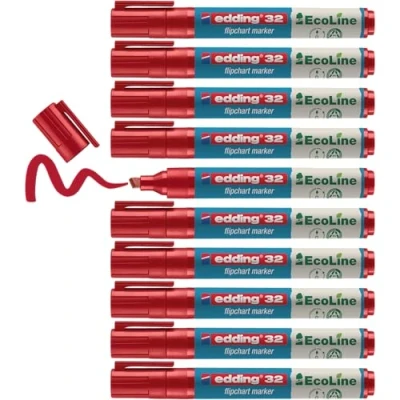 Image of edding 32 EcoLine flipchart marker red box of 10 chisel nib 1 5 mm for writing, drawing on paper does not bleed through dry out refillable