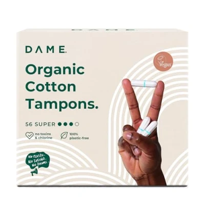 Image of DAME Organic Cotton Super Tampons (56 Tampons) High Absorbency Medium Flow to Heavy Toxin Free, Non Applicator 100% Cotton, Plastic Hypoallergenic &amp; Biodegradable
