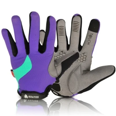 Image of Kratos Cycling Gloves Full Finger Mountain Bike Gel Padded Touchscreen MTB racing bicycle BMX for Kids Men Women (Turquoise/purple/Black, M)