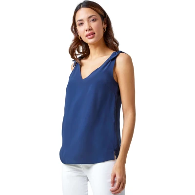 Image of Roman Originals Tie Detail Strap Cami Top for Women UK Ladies Everyday Holiday Spring Summer V Neckline Comfy Soft Evening Vacation Work Party Navy Size 8