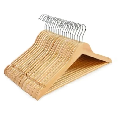 Image of 20 Wooden Hangers, Coat Clothes with Shoulder Notches, Trousers Bar, 360 Swivel Hook, for Suits, Shirts, Coats, Natural Pack of (20 Natural)