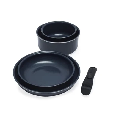 Image of Russell Hobbs RH03319EU7 Smart Clip Pot and Pan Set 5 Piece Ceramic Non Stick Frying Pans &amp; Saucepans with Detachable Handle, Stackable Design, PFAS Free, Induction Oven Safe, Marine, Navy Blue
