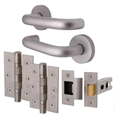 Image of EAI Return to Door Lever on Rose Handle, Hinges &amp; Latch Kit Aluminium 66mm 76mm Hinge