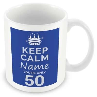 Image of 50th Birthday Gift for Men Personalised Mug/Cup Add Name Keep Calm Design Blue