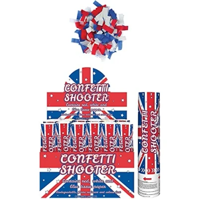 Image of Union Jack Confetti Cannon with Blue, White and Red Biodegradable Paper 20cm Shooter for Celebration BBQ, Coronation,Great Britain British Party Decorations (Pack of 6)
