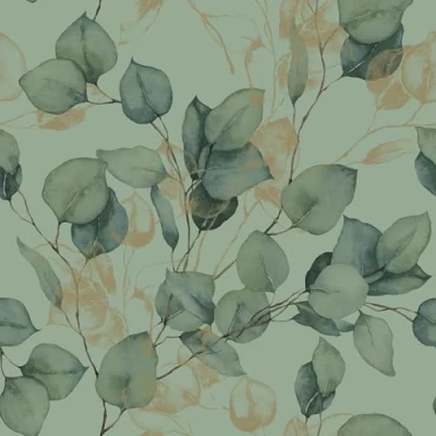 Image of Eucalyptus Leaves Watercolour Style Wallpaper with Gold Elements Perfect for Living Rooms, Bedrooms, Botanical Themed Wallcovering Green/Gold World of AF0035