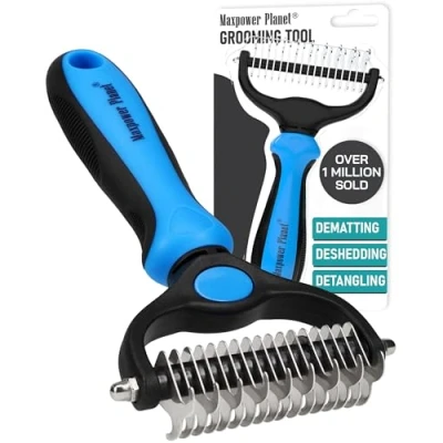 Image of Maxpower Planet Dog Brush Reduce Shedding by 95% Double Sided Deshedding Dematting Tool Undercoat Rake Dog, Cat Brushes Hair Grooming Brush, Blue