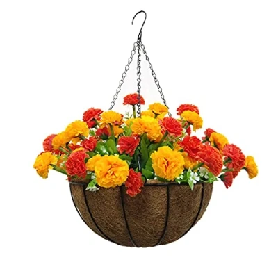 Image of Home and Outdoors Decoration DIY Artificial Carnation Flowers Silk Chain Hanging Basket Flowerpot Yellow Orange (Big Basket)