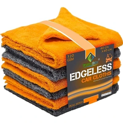 Image of Towelogy® 520gsm Professional Microfibre Edgeless Car Cloths QUICK DRY for Auto/Moto Detailing Polishing Washing STREAK FREE &amp; LINT 40x40cm (Grey/Orange, Pack Of 2)
